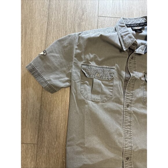 Mens Harley Davidson Gray Embroidered Patched Military Top Gun Button Shirt L - Picture 6 of 12